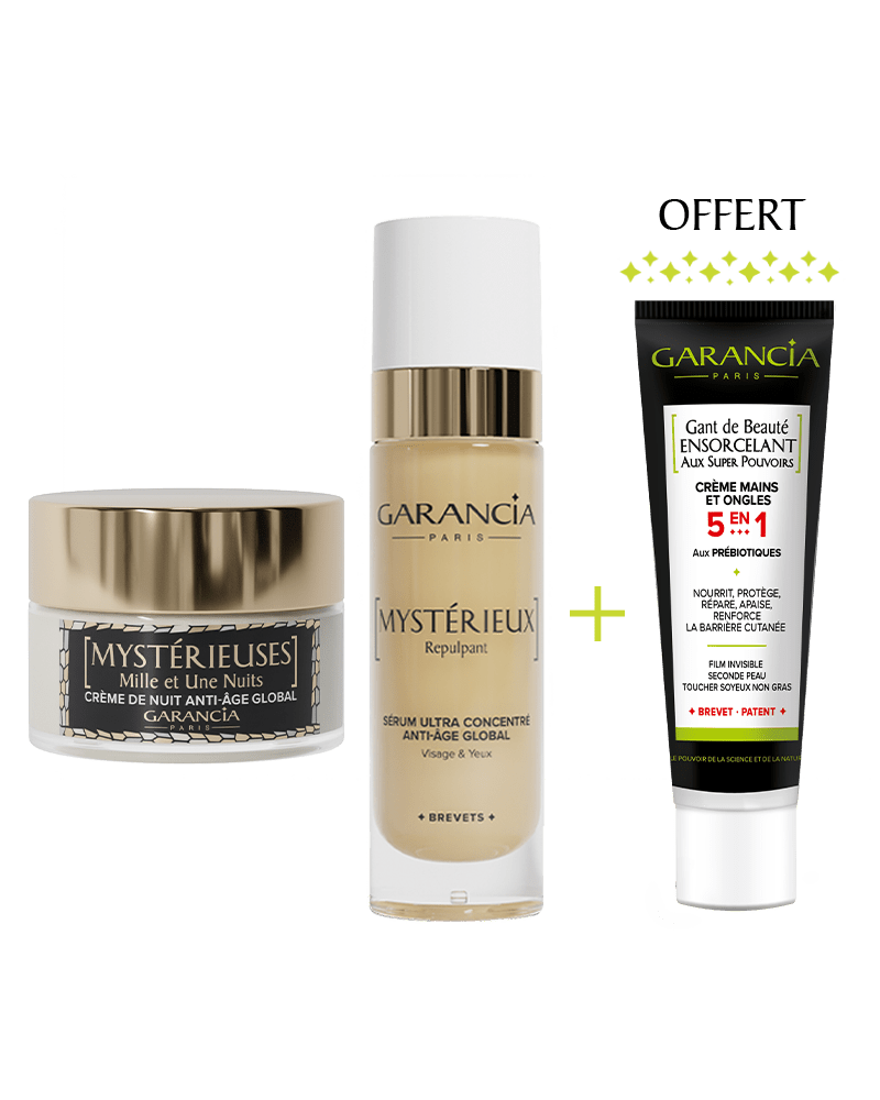 Trio de soins Garancia Nuit Miraculeuse comprenant la crème de nuit Mystérieuses Mille et Une Nuits, le sérum Mystérieux Repulpant et la crème mains Gant de Beauté Ensorcelant offerte.
