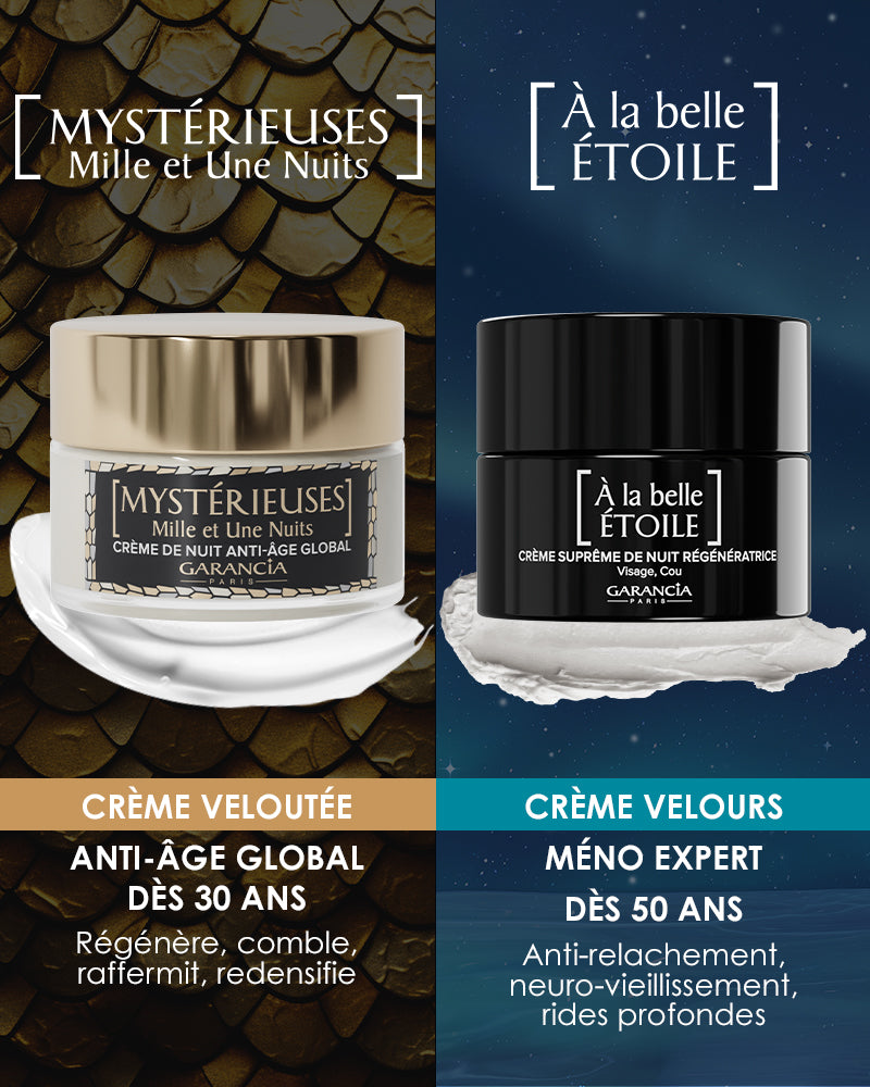 Comparatif crèmes de nuit Garancia : Anti-âge global Mystérieuses dès 30 ans vs Soin Méno-Expert À la belle Étoile dès 50 ans