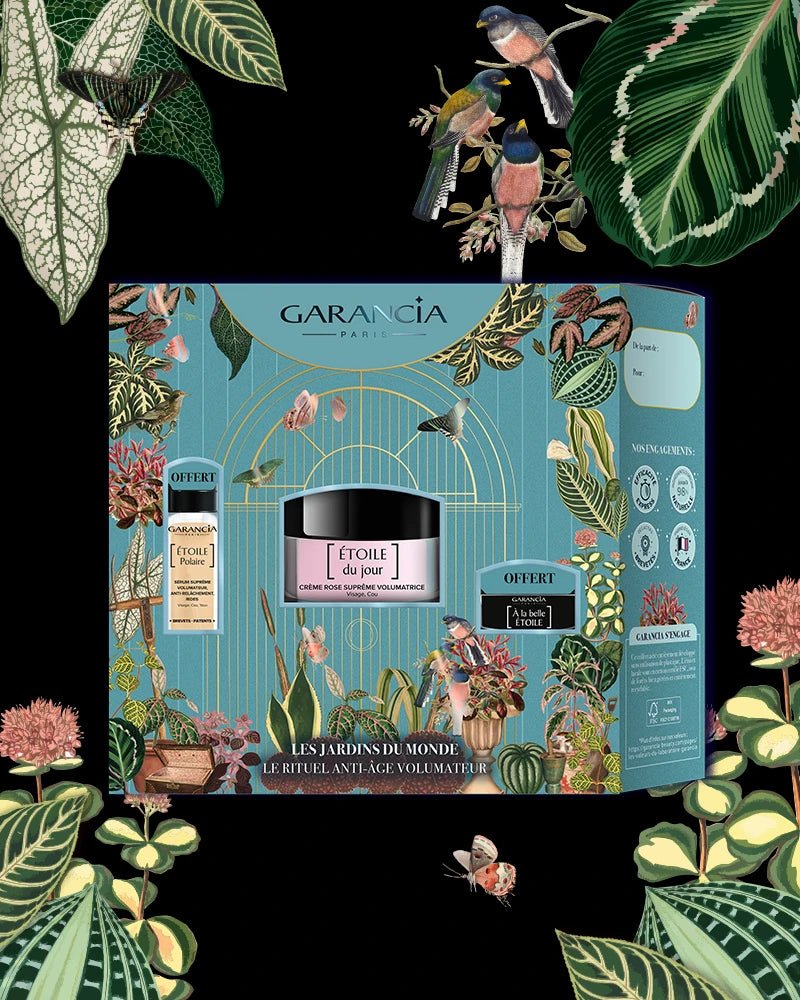 Coffret Garancia Les Jardins du Monde Le Rituel Anti-Âge Volumateur avec la crème Étoile du Jour, le sérum Étoile Polaire et la crème de nuit À la Belle Étoile offerts.