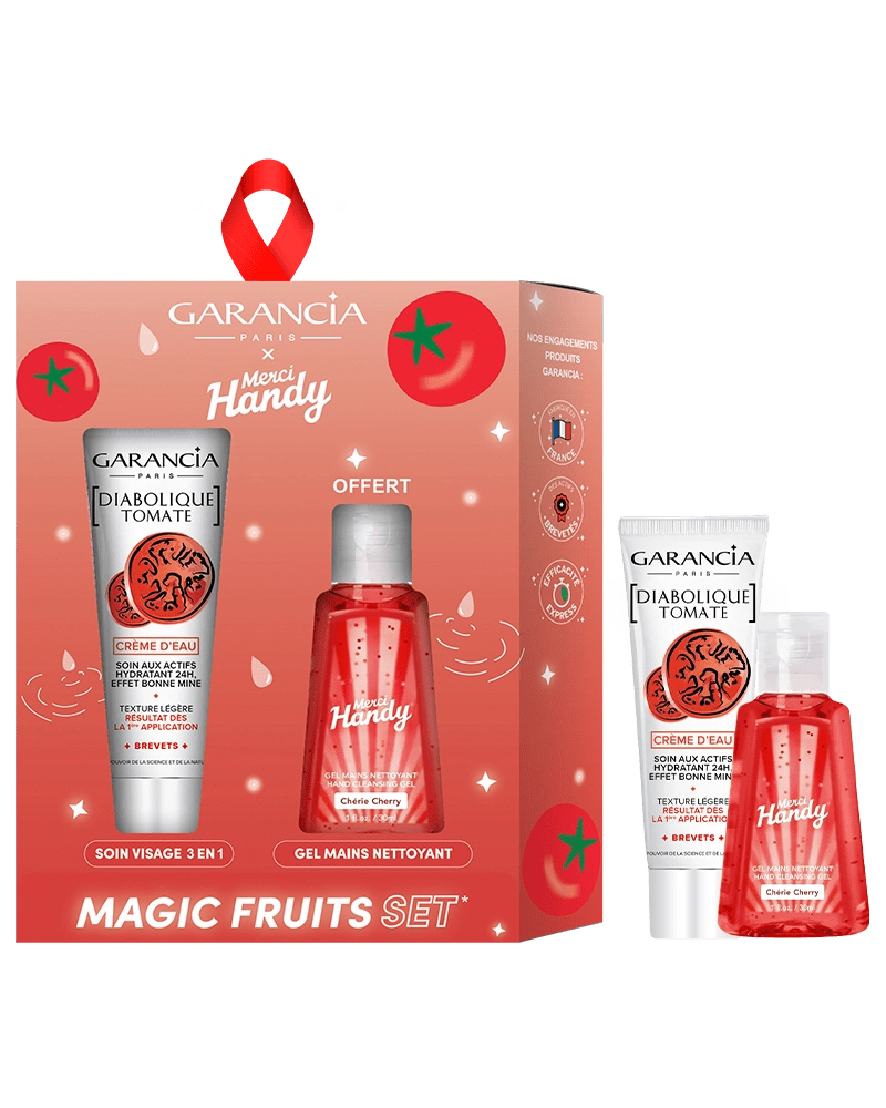 Coffret Magic Fruits Set collaboration Garancia x Merci Handy : contient le soin visage Diabolique Tomate Crème d'Eau et un gel mains nettoyant Chérie Cherry offert.