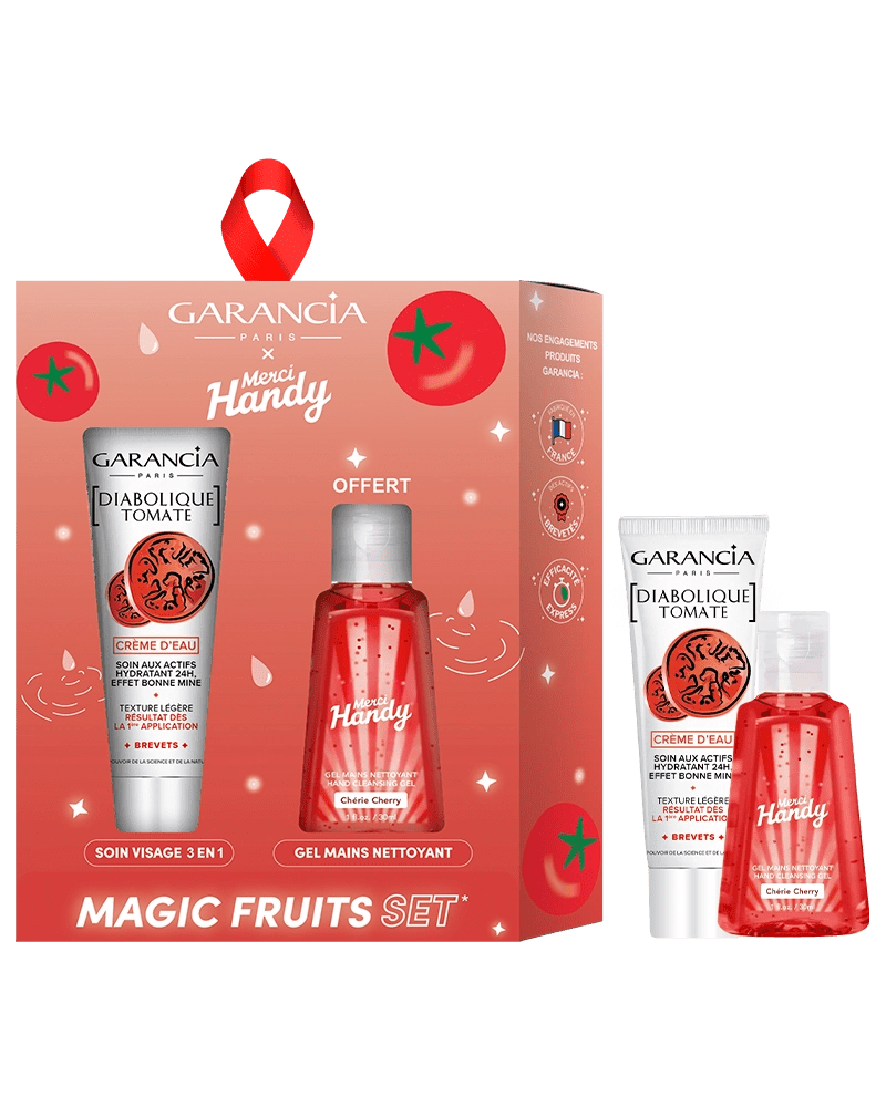 Coffret Magic Fruits Set collaboration Garancia x Merci Handy : contient le soin visage Diabolique Tomate Crème d'Eau et un gel mains nettoyant Chérie Cherry offert.