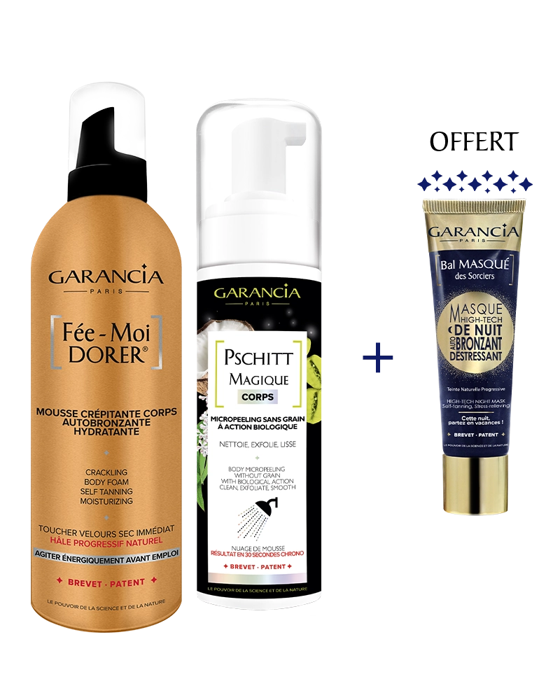 Bundles Rituel Auto-Bronzant Laboratoire Garancia Offre corps Garancia : Mousse auto bronzante Fée-Moi Dorer et Pschitt Magique Corps achetés, le masque de nuit auto bronzant Bal Masqué des Sorciers est offert.