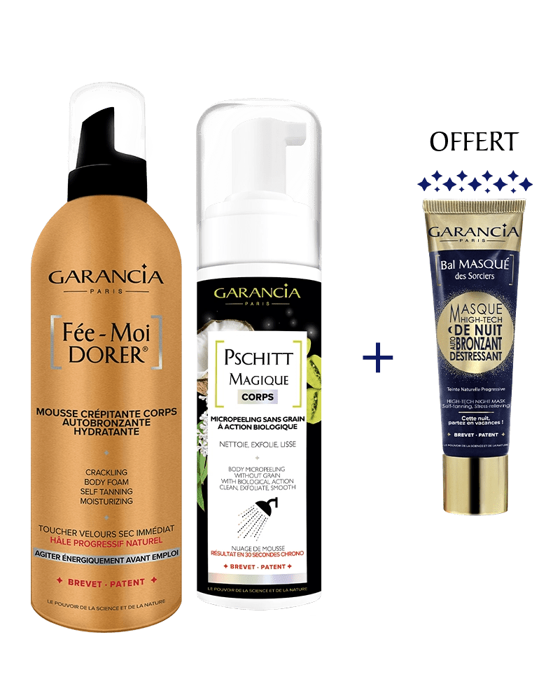 Bundles Rituel Auto-Bronzant Laboratoire Garancia Offre corps Garancia : Mousse auto bronzante Fée-Moi Dorer et Pschitt Magique Corps achetés, le masque de nuit auto bronzant Bal Masqué des Sorciers est offert.