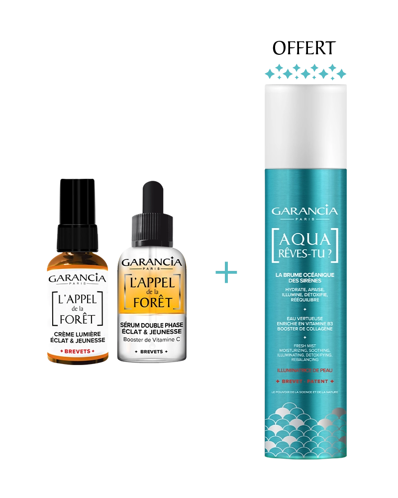 Bundles Rituel Eclat et Lumière Laboratoire Garancia : Duo vitamine C Garancia comprenant la crème lumière et le sérum double phase L'Appel de la Forêt, accompagnés de la brume océanique Aqua Rêves-Tu offerte.