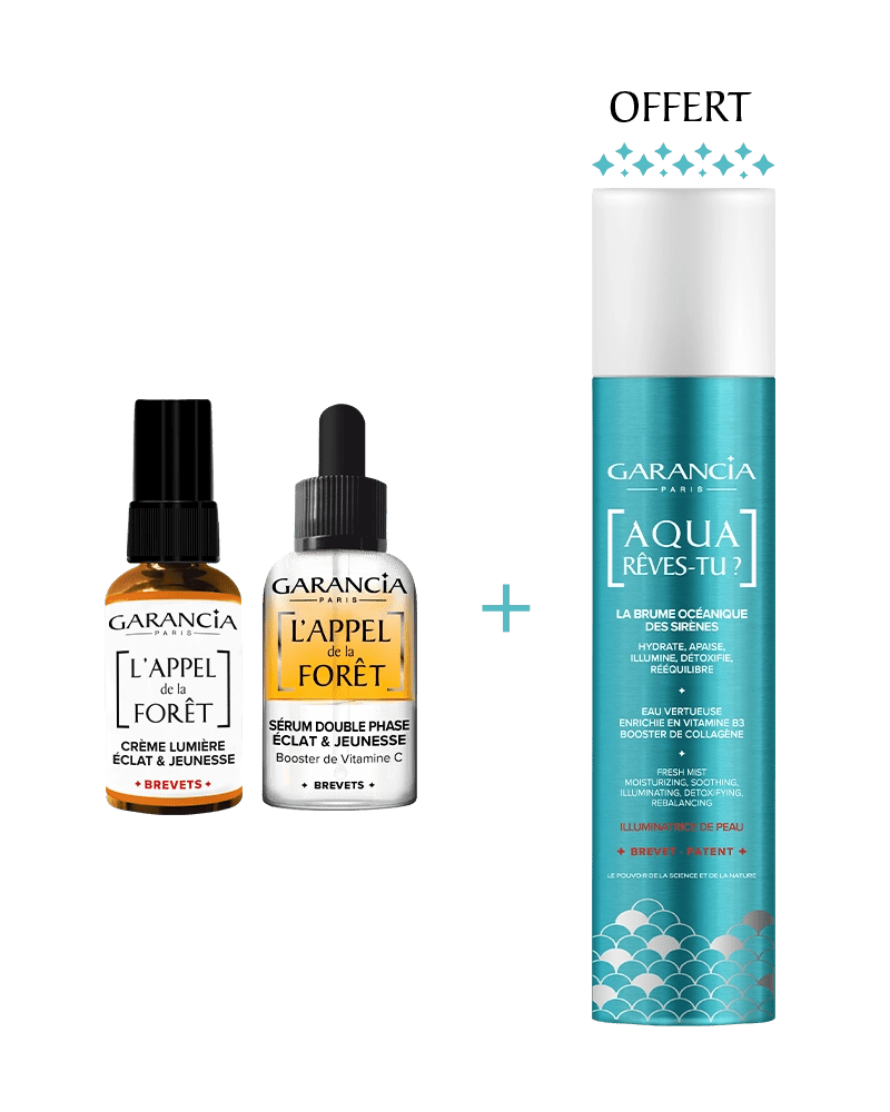 Bundles Rituel Eclat et Lumière Laboratoire Garancia : Duo vitamine C Garancia comprenant la crème lumière et le sérum double phase L'Appel de la Forêt, accompagnés de la brume océanique Aqua Rêves-Tu offerte.