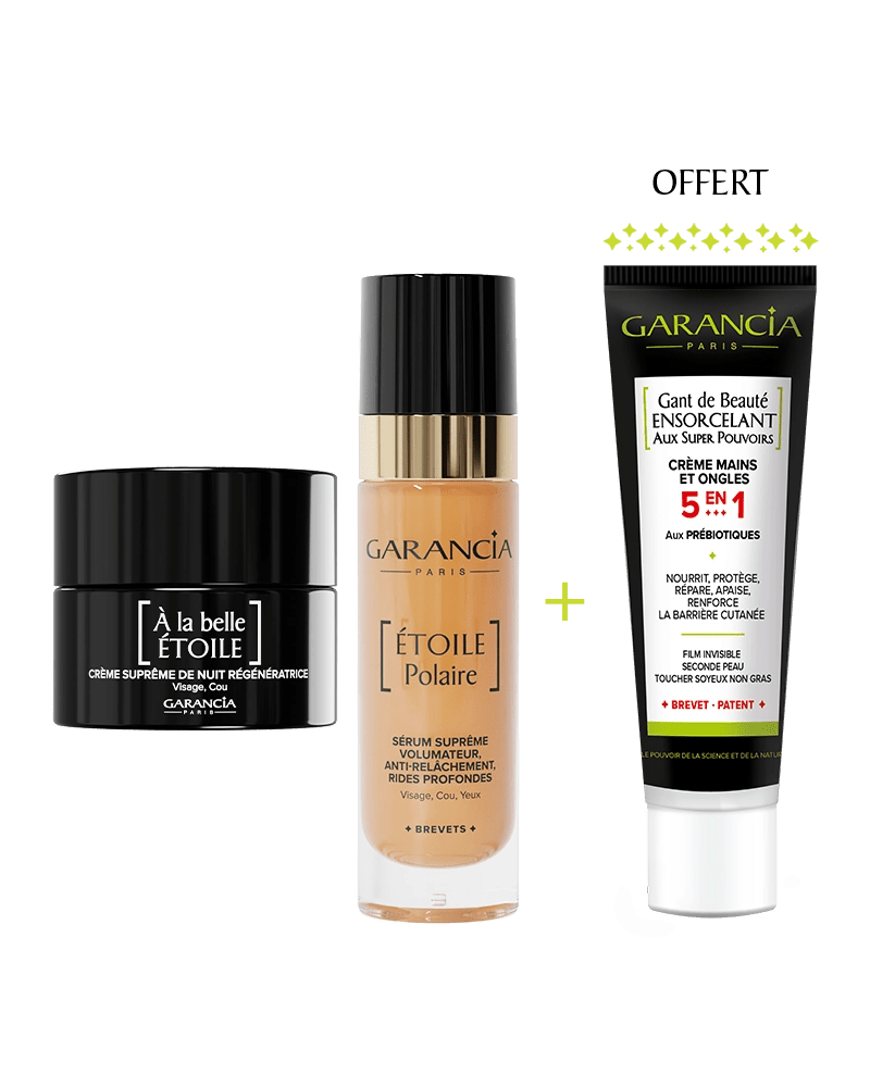 Coffret régénération suprême Garancia incluant la crème de nuit À la belle Étoile, le sérum Étoile Polaire et la crème mains Gant de Beauté Ensorcelant offerte.