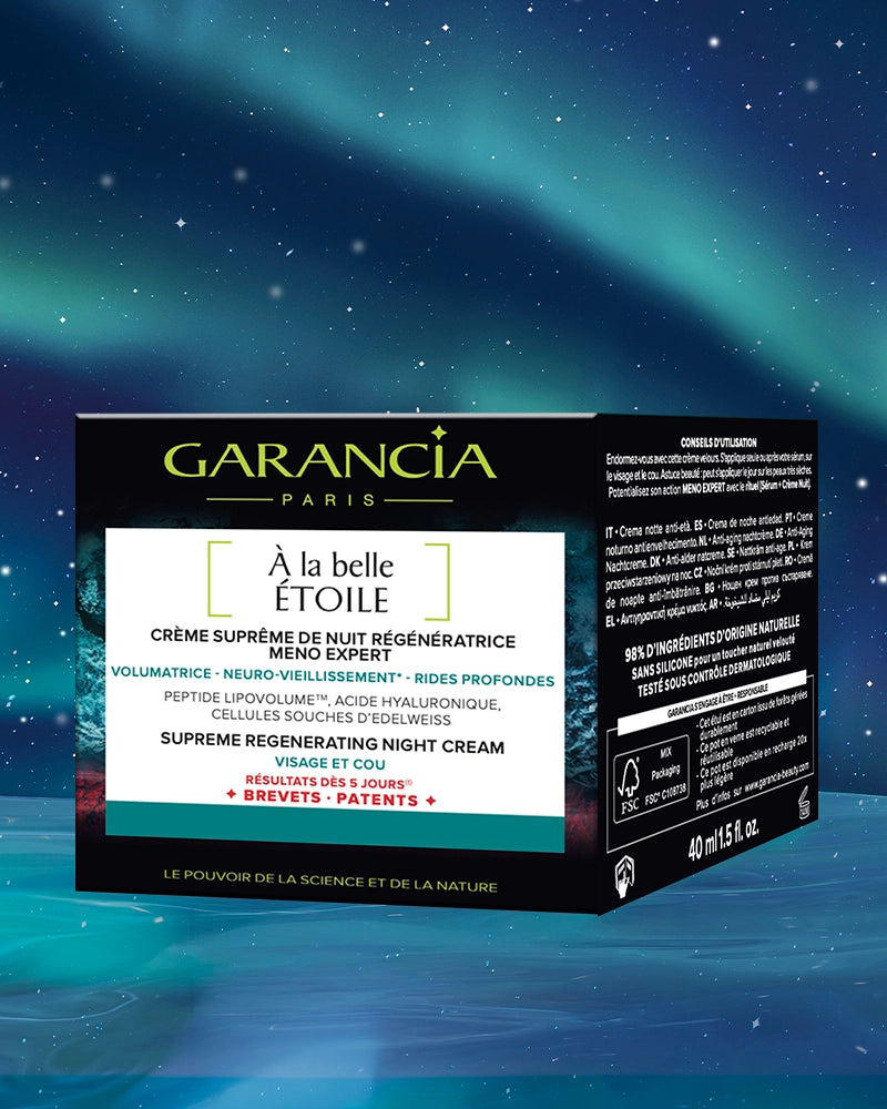 Laboratoire Garancia Packaging de la crème de nuit Garancia À la belle Étoile (Meno-Expert). Texte : Crème Suprême de Nuit Régénératrice, 98% d'ingrédients d'origine naturelle, résultats dès 5 jours. Présenté sur un fond de glace bleu turquoise.