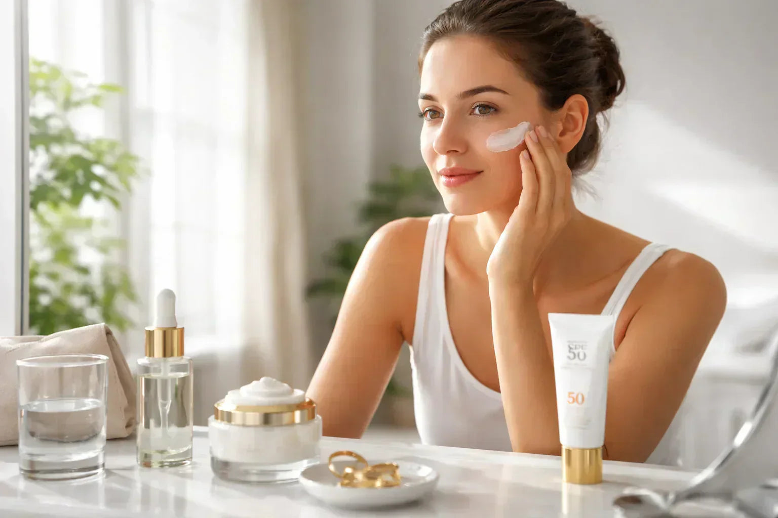 Femme appliquant une crème solaire sur le visage devant un miroir dans une routine de soin du matin avec sérum et crème de jour.
