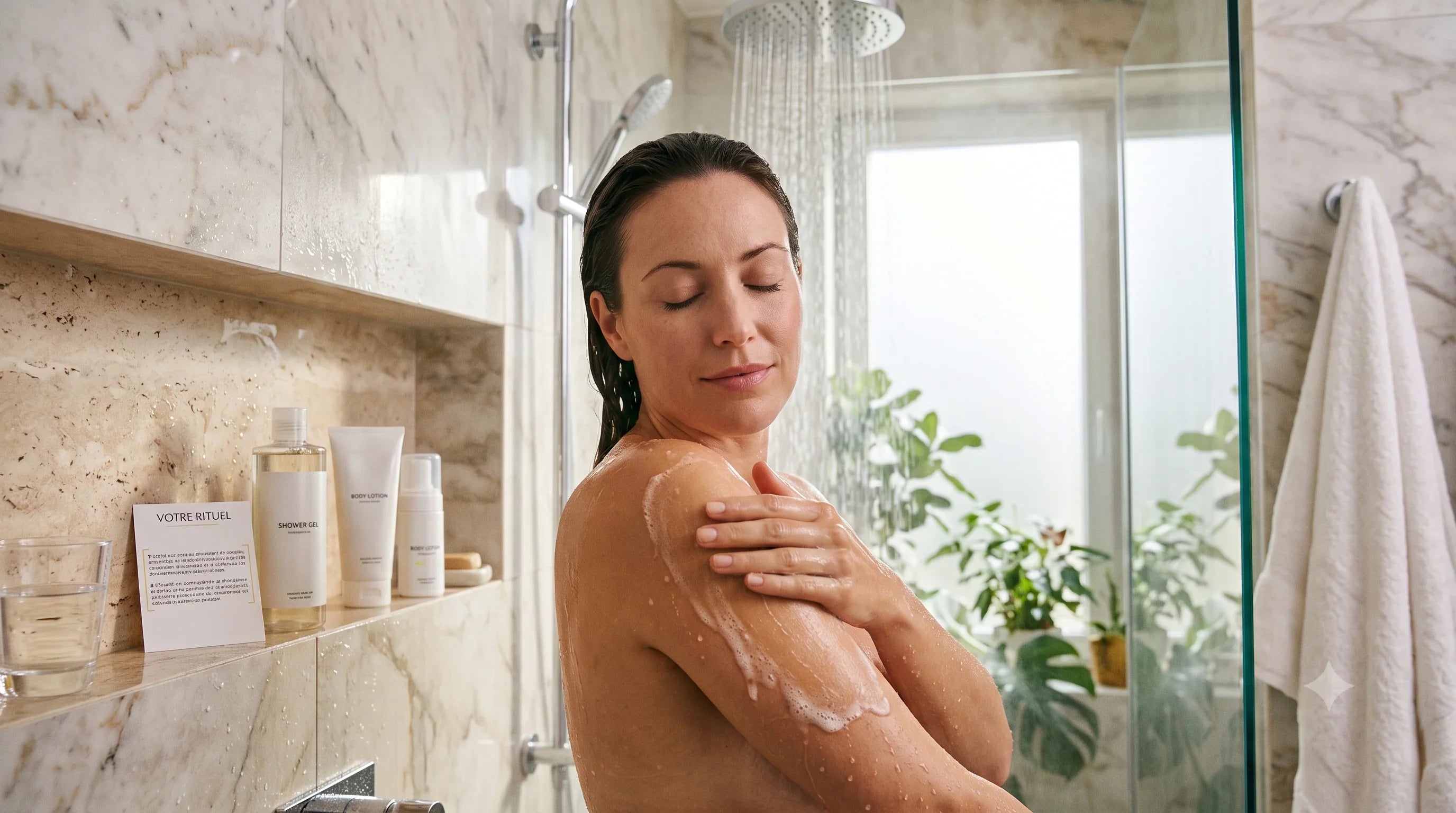 Une femme se lave sereinement sous la douche en massant son bras avec une huile lavante qui se transforme en fine mousse, à côté de flacons de soin neutres posés sur une étagère en marbre.