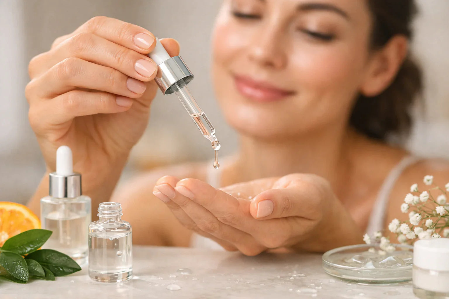 Application d’un sérum visage sur une peau lumineuse, texture fluide absorbée en profondeur pour hydrater, lisser et révéler l’éclat de la peau