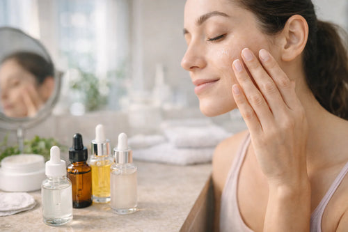 Application d’un sérum visage sur peau lumineuse, illustrant les bienfaits et l’utilisation d’un sérum pour une peau lisse et éclatante