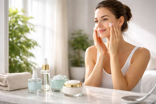 Femme appliquant une crème de jour hydratante sur le visage devant un miroir dans une salle de bain lumineuse, routine beauté matin pour protéger et hydrater la peau