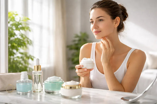 Femme appliquant une crème de jour devant son miroir avec plusieurs soins visage pour choisir la texture adaptée à son type de peau