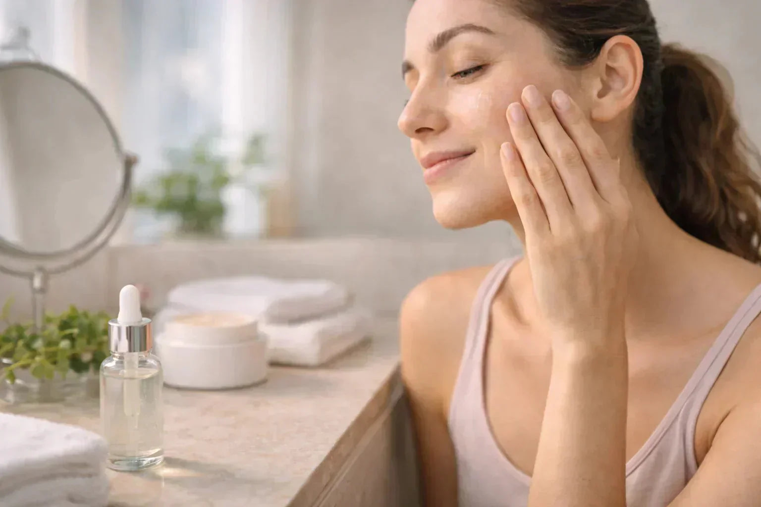 Application d’un sérum visage par une femme devant son miroir, gestes doux du centre du visage vers l’extérieur pour une meilleure absorption