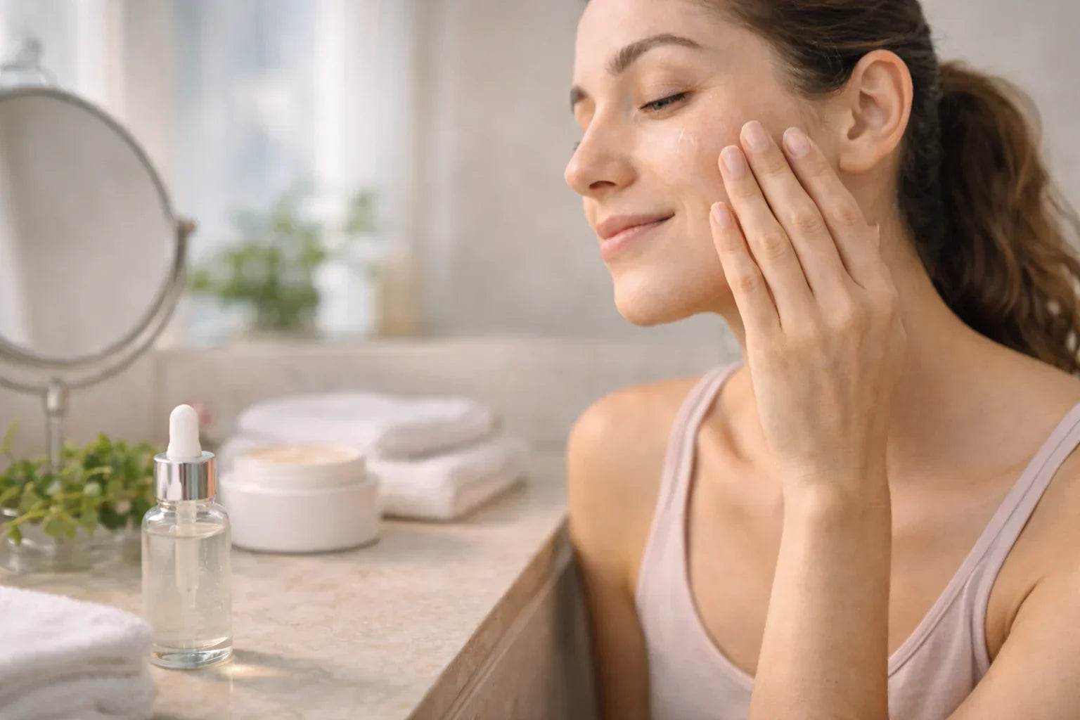 Application d’un sérum visage par une femme devant son miroir, gestes doux du centre du visage vers l’extérieur pour une meilleure absorption