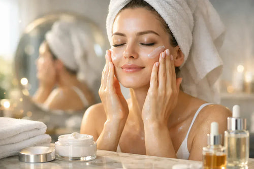 Femme appliquant sa crème de jour sur le visage avec massage doux dans une routine skincare matinale pour une peau hydratée et éclatante
