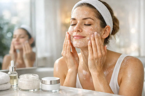 Femme réalisant une exfoliation du visage avec un gommage en mouvements circulaires pour éliminer les cellules mortes et révéler une peau lisse et éclatante