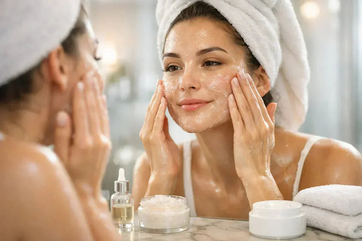Femme appliquant un exfoliant visage en mouvements circulaires doux devant un miroir pour éliminer les cellules mortes et retrouver une peau lisse et éclatante