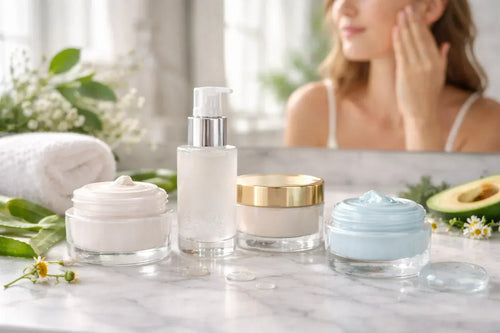 Crèmes de jour Garancia présentées sur une coiffeuse lumineuse selon les types de peau sèche, mixte, grasse et mature, avec textures riches et fluides en détail