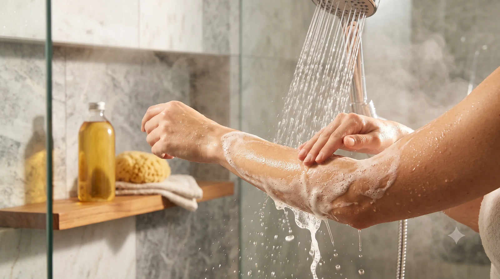 Gros plan réaliste en format paysage d'eau rinçant activement une émulsion laiteuse d'un avant-bras dans une douche en marbre, avec une bouteille d'huile et une éponge en arrière-plan.