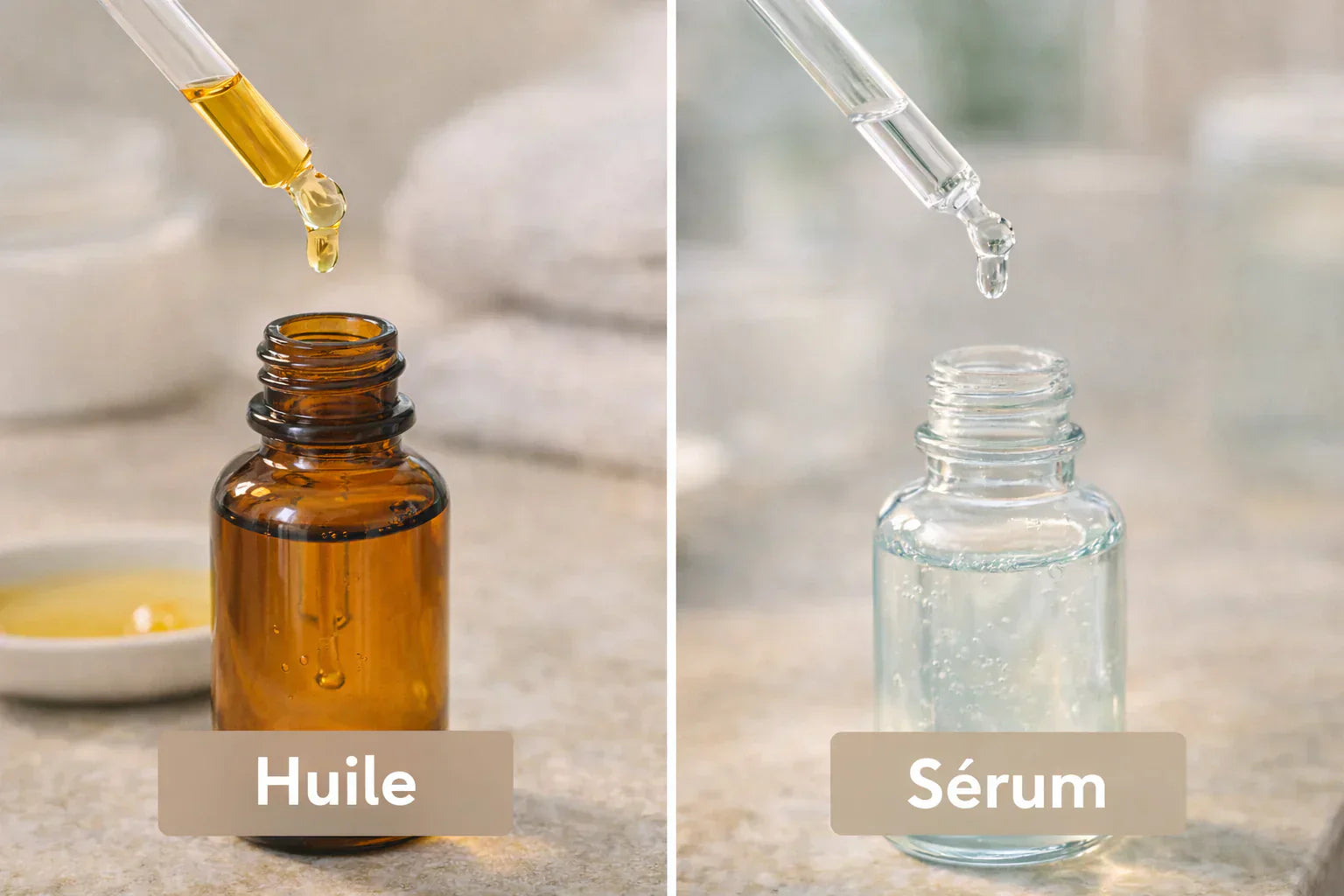 Comparaison entre une huile visage et un sérum visage, montrant leurs textures différentes pour aider à choisir le soin adapté à sa peau