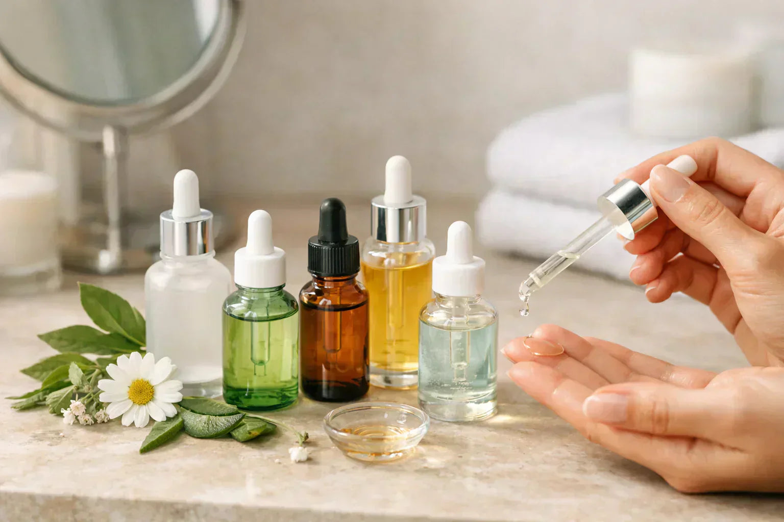 Différents sérums visage appliqués à la pipette, illustrant le choix d’un sérum selon son type de peau et ses besoins