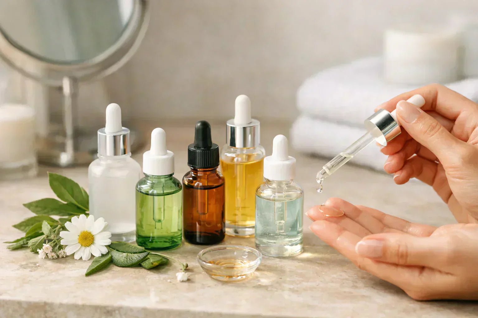 Différents sérums visage appliqués à la pipette, illustrant le choix d’un sérum selon son type de peau et ses besoins