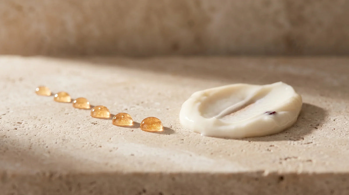 texture de sérum et de crème visage présentées côte à côte