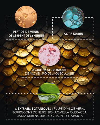 Infographie des actifs du sérum Mystérieux Repulpant de Garancia : peptide de venin de serpent de synthèse, actif marin, acide hyaluronique de moyen poids moléculaire et 6 extraits botaniques (Aloe vera, Hêtre bio, Acmella Oleracea, Jania Rubens, Citron bio, Arnica).