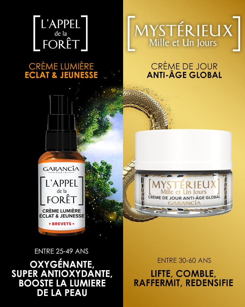 Laboratoire Garancia Crème de jour [ L'APPEL de la FORÊT ] CRÈME LUMIÈRE : Comparatif côte à côte de deux soins Garancia. À gauche, sur fond noir : la crème lumière "L'Appel de la Forêt" (25-49 ans), une formule oxygénante et super antioxydante qui booste l'éclat. À droite, sur fond doré avec motif serpent : la crème de jour "Mystérieux Mille et Un Jours" (30-60 ans), un anti-âge global qui lifte, comble et raffermit la peau.
