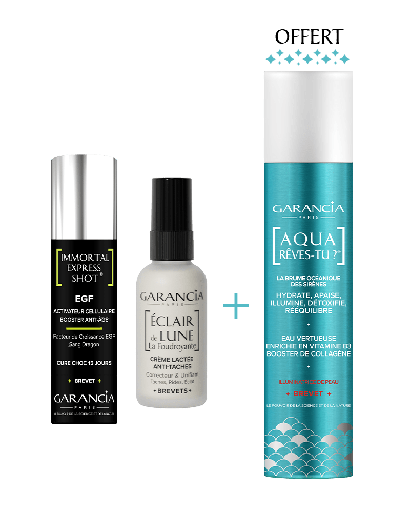 Routine éclat Garancia : sérum Immortal Express Shot EGF, crème anti-taches Éclair de Lune La Foudroyante et brume océanique Aqua Rêves-Tu offerte.