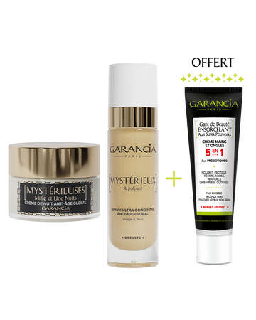 Trio de soins Garancia Nuit Miraculeuse comprenant la crème de nuit Mystérieuses Mille et Une Nuits, le sérum Mystérieux Repulpant et la crème mains Gant de Beauté Ensorcelant offerte.