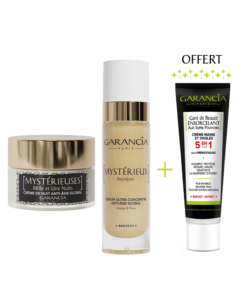 Trio de soins Garancia Nuit Miraculeuse comprenant la crème de nuit Mystérieuses Mille et Une Nuits, le sérum Mystérieux Repulpant et la crème mains Gant de Beauté Ensorcelant offerte.