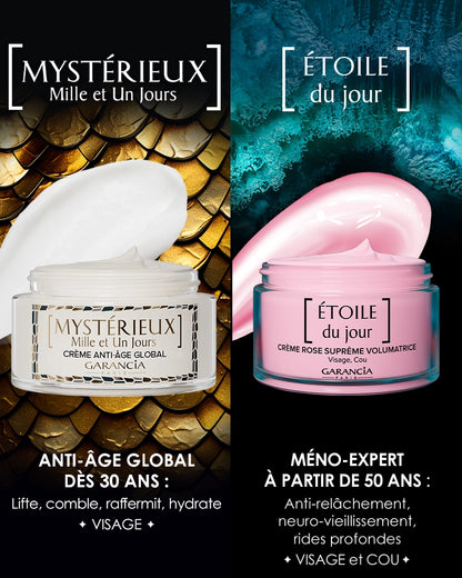 Comparaison soins jour : Mystérieux pour lifter et combler (dès 30 ans), Étoile du Jour pour le relâchement et les rides profondes (dès 50 ans)