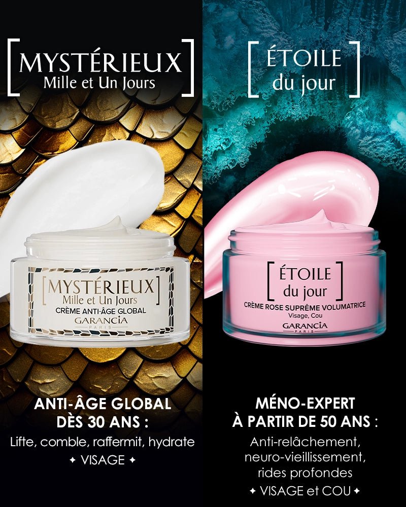 Différence entre la crème anti-âge global Mystérieux et la crème rose volumatrice Étoile du jour de Garancia
