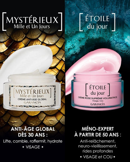 Différence entre la crème anti-âge global Mystérieux et la crème rose volumatrice Étoile du jour de Garancia