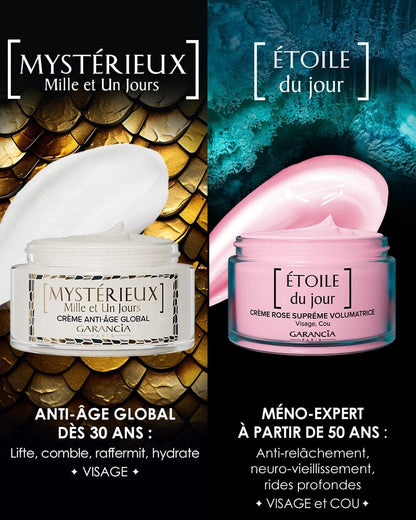 Laboratoire Garancia Anti-Âge & Anti-Rides [ MYSTÉRIEUX Mille et Un Jours ] Choix du soin anti-âge Garancia : Mystérieux Mille et Un Jours dès 30 ans (Global) ou Étoile du Jour dès 50 ans (Méno-Expert)