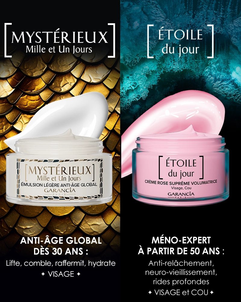 Comparatif soins de jour Garancia : Émulsion Mystérieux Mille et Un Jours dès 30 ans vs Crème rose Étoile du jour dès 50 ans