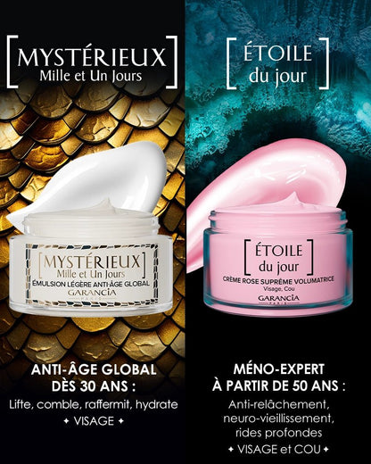 Comparatif soins de jour Garancia : Émulsion Mystérieux Mille et Un Jours dès 30 ans vs Crème rose Étoile du jour dès 50 ans