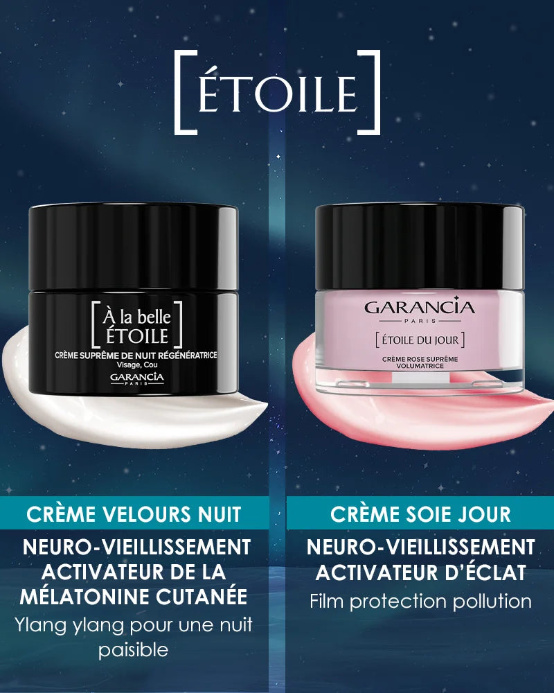 Laboratoire Garancia Anti-Âge & Anti-Rides [ ÉTOILE du jour ] - Éco-Recharge : Duo de soins anti-âge Garancia de la gamme [ ÉTOILE ]. À gauche, la crème de nuit « À la belle ÉTOILE » (texture velours, activateur de mélatonine au Ylang-ylang). À droite, la crème de jour « ÉTOILE du jour » (texture soie, activateur d'éclat avec film anti-pollution). Les deux soins luttent contre le neuro-vieillissement.