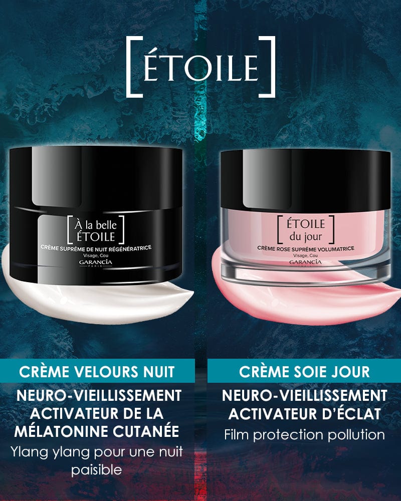 Laboratoire Garancia Anti-Âge & Anti-Rides [ ÉTOILE du jour ] - Éco-Recharge : Duo de soins anti-âge Garancia de la gamme [ ÉTOILE ]. À gauche, la crème de nuit « À la belle ÉTOILE » (texture velours, activateur de mélatonine au Ylang-ylang). À droite, la crème de jour « ÉTOILE du jour » (texture soie, activateur d'éclat avec film anti-pollution). Les deux soins luttent contre le neuro-vieillissement.