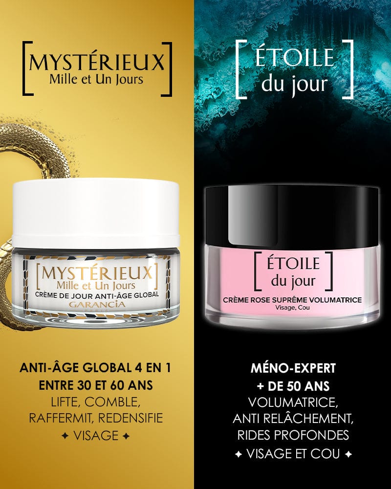 Laboratoire Garancia Anti-Âge & Anti-Rides [ ÉTOILE du jour ] : Comparatif côte à côte de deux crèmes Garancia. À gauche, sur fond doré : "Mystérieux Mille et Un Jours", un anti-âge global 4-en-1 (30-60 ans) qui lifte et raffermit le visage. À droite, sur fond bleu glacé : "Étoile du jour", un soin Méno-Expert (+ de 50 ans) volumateur et anti-relâchement pour le visage et le cou.