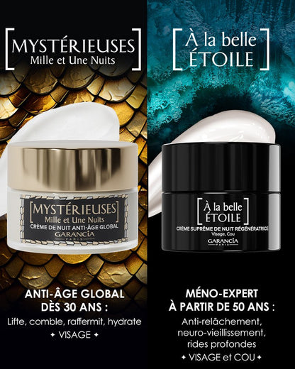 Comparatif crèmes de nuit Garancia : Mystérieuses dès 30 ans vs À la belle Étoile dès 50 ans
