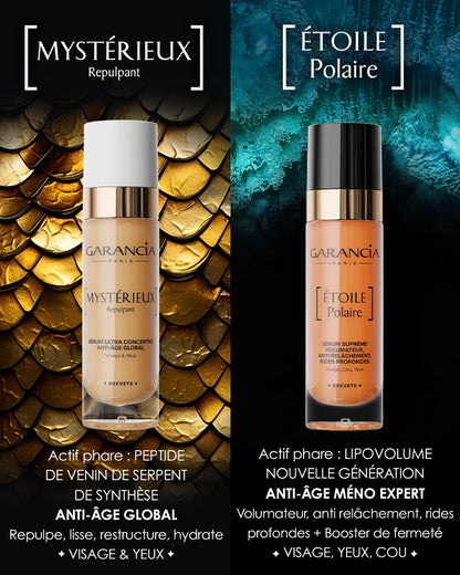 Comparatif sérums Garancia : Mystérieux Repulpant (anti-âge global au venin de serpent) versus Étoile Polaire (anti-âge spécial ménopause au Lipovolume).