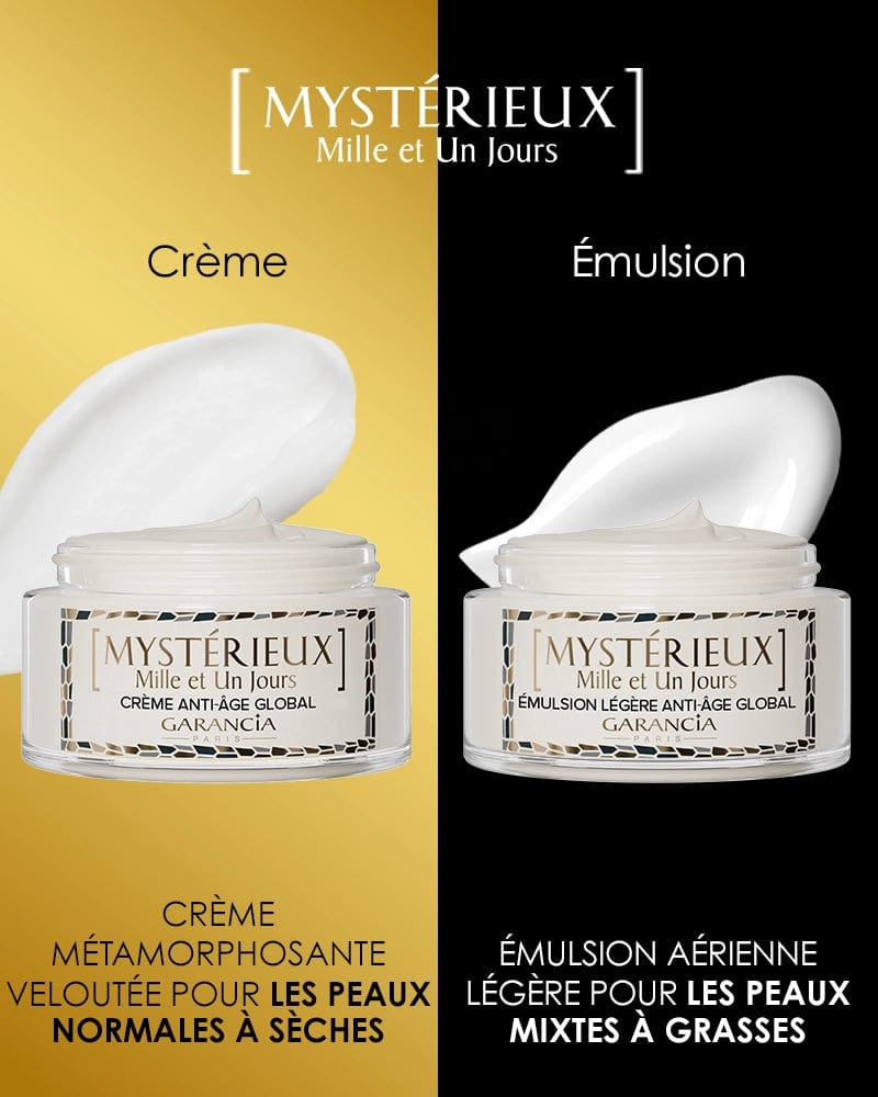 Laboratoire Garancia Anti-Âge & Anti-Rides [ MYSTÉRIEUX Mille et Un Jours ] Différence entre les textures Mystérieux Mille et Un Jours : Crème veloutée pour peaux normales à sèches et Émulsion légère pour peaux mixtes à grasses."