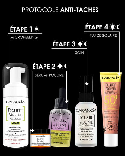 Laboratoire Garancia Crème de jour [ ÉCLAIR DE LUNE La Foudroyante ] Protocole anti-taches Garancia en 4 étapes : Étape 1 micropeeling Pschitt Magique, Étape 2 duo Éclair de Lune l'Absolu et Poudre Magique, Étape 3 crème La Foudroyante et Étape 4 fluide solaire SPF 50+.