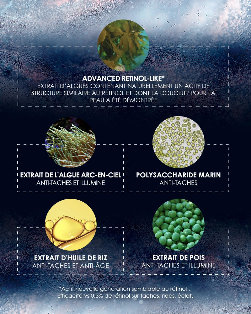 Les 5 actifs clés de Garancia Éclair de Lune La Foudroyante : Advanced Retinol-like, extrait d'algue arc-en-ciel, polysaccharide marin, huile de riz et extrait de pois pour une action anti-taches et anti-âge.