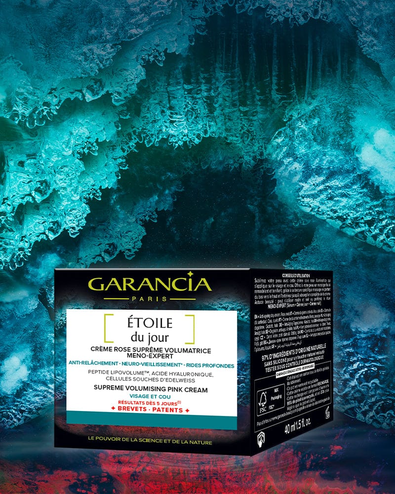Laboratoire Garancia Anti-Âge & Anti-Rides [ ÉTOILE du jour ] - Éco-Recharge Pack Garancia Crème Rose Suprême Volumatrice [ ÉTOILE du jour ] Meno-expert. L'étui noir est présenté dans une ambiance glaciale bleu turquoise et rouge. Le packaging mentionne 97% d'ingrédients d'origine naturelle et une action anti-rides et anti-relâchement pour visage et cou.