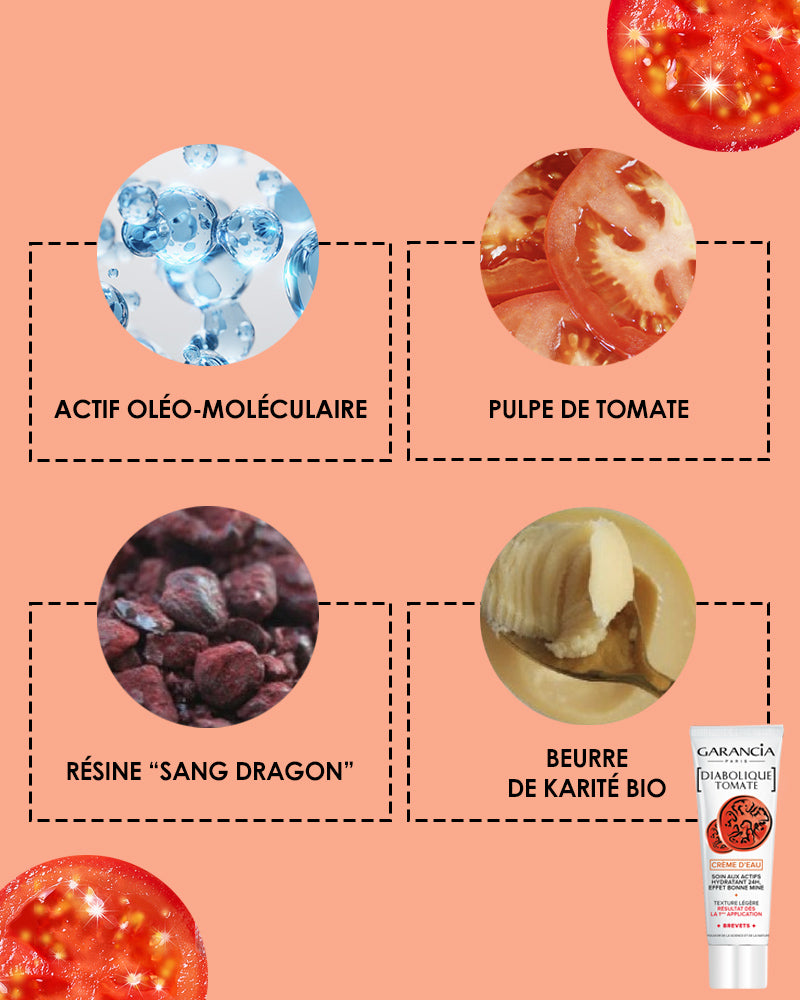 Ingrédients clés de la crème Diabolique Tomate Garancia : Actif Oléo-Moléculaire, Pulpe de Tomate, Résine Sang Dragon et Beurre de Karité Bio