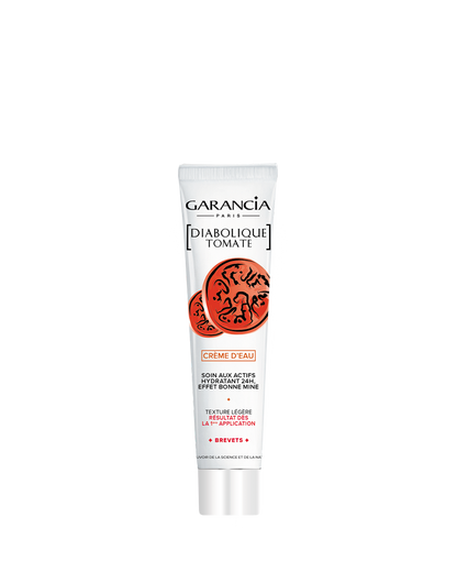 Tube blanc de la crème Diabolique Tomate Garancia illustré de coupes de tomates, affichant la mention Crème d'Eau